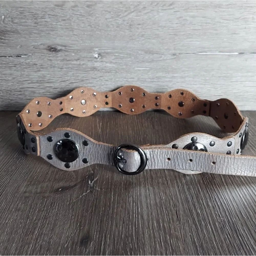 Jessica Simpson Medium Genuine Leather Embellished Studded Metallic Belt